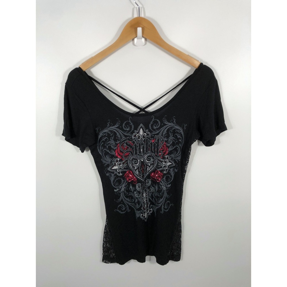VTG Y2K Graphic Tee Womens S Black Embellished Studded Heart Goth Grunge Emo
